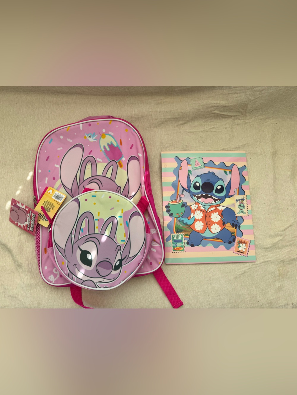 Disney Pink Stitch & Angel Backpack Set with Matching Round Lunch Bag
